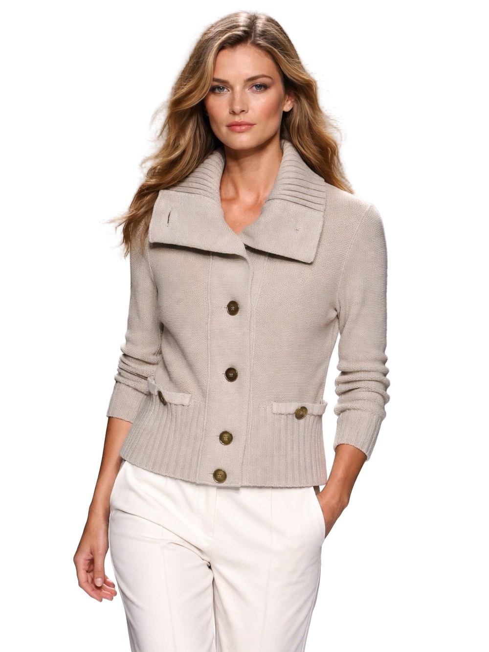 Burberry London Button-Front Ribbed Collar Pea Coat Sweater 3/4 Length Sleeves
